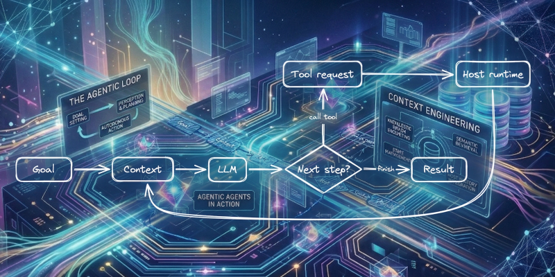 AI agents explained for developers: the LLM agent loop, context, tools, host runtime and their constraints.