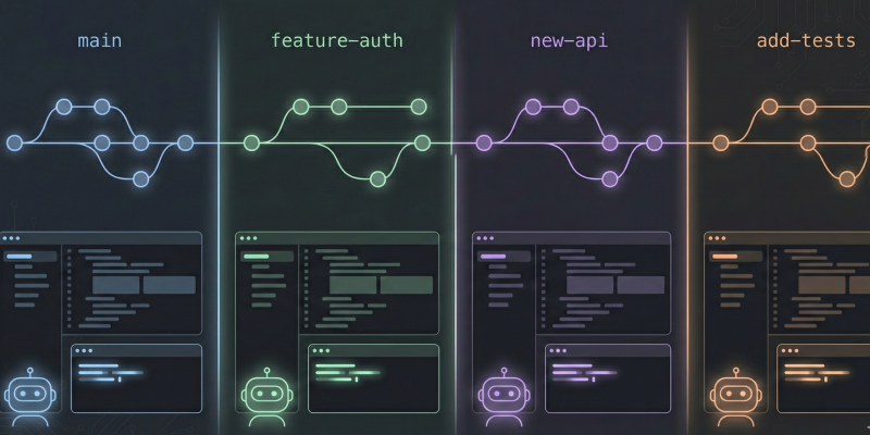 Developing multiple features in parallel with AI coding agents using git worktrees, one branch and directory per agent.