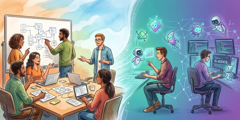 Engineers discussing software designs together beside engineers working separately with AI agents